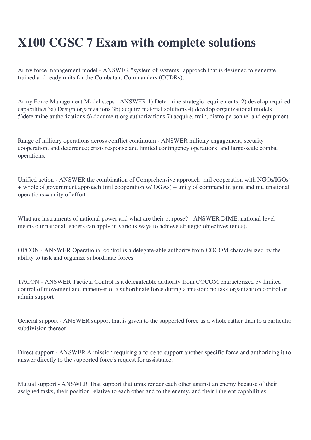 Preview image for X100 CGSC 7 Exam with complete solutions